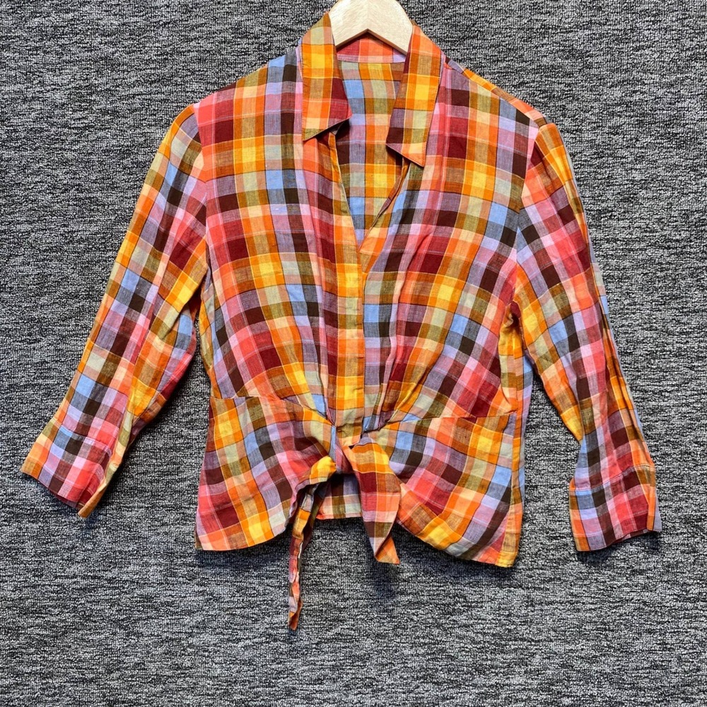 VTG Style 100% Linen Plaid Tie Front Blouse Top Multicolor Madras Tie Waist